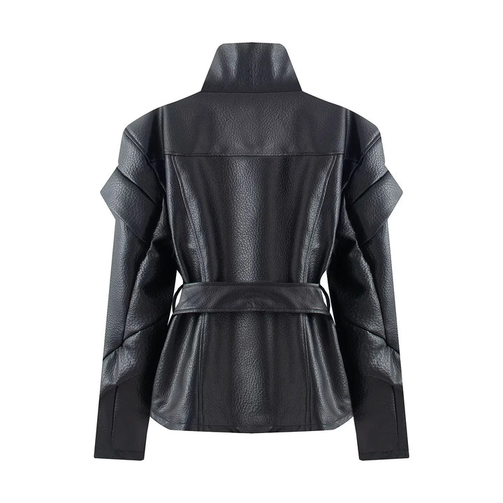 Women's fitted faux leather jacket with asymmetric zipper, high stand-up collar, and tie belt Mune Fashion