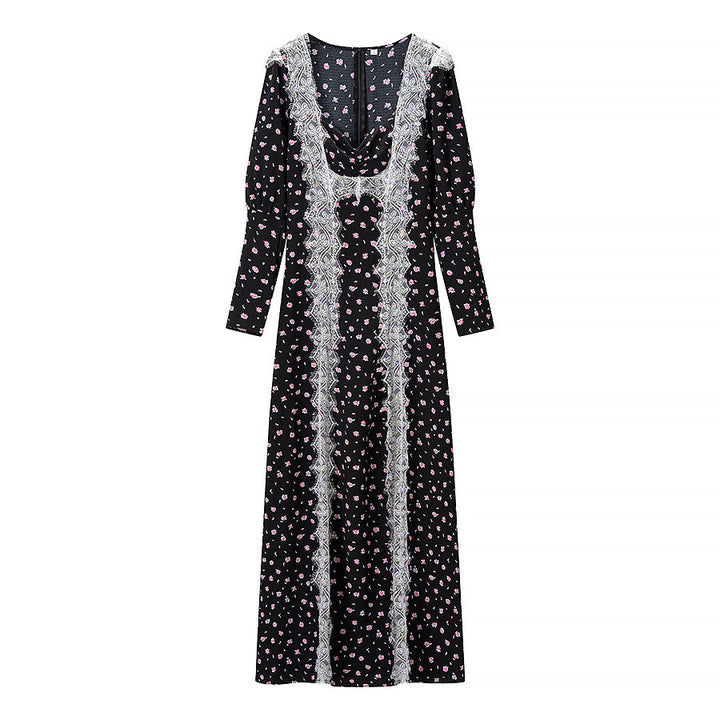 Women’s Maxi Dress with Lace Trim and Floral Allover Print Mune Fashion