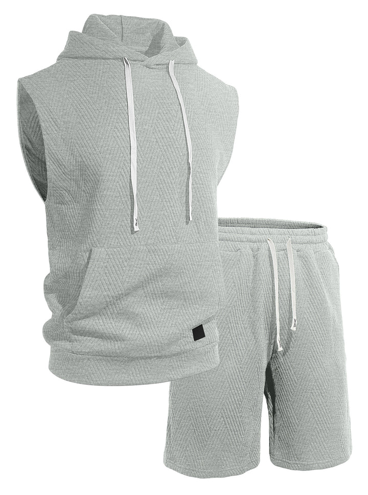 Men's sleeveless hoodie lounge set made of textured cotton blend with kangaroo pocket and elastic leisure pants Mune Fashion