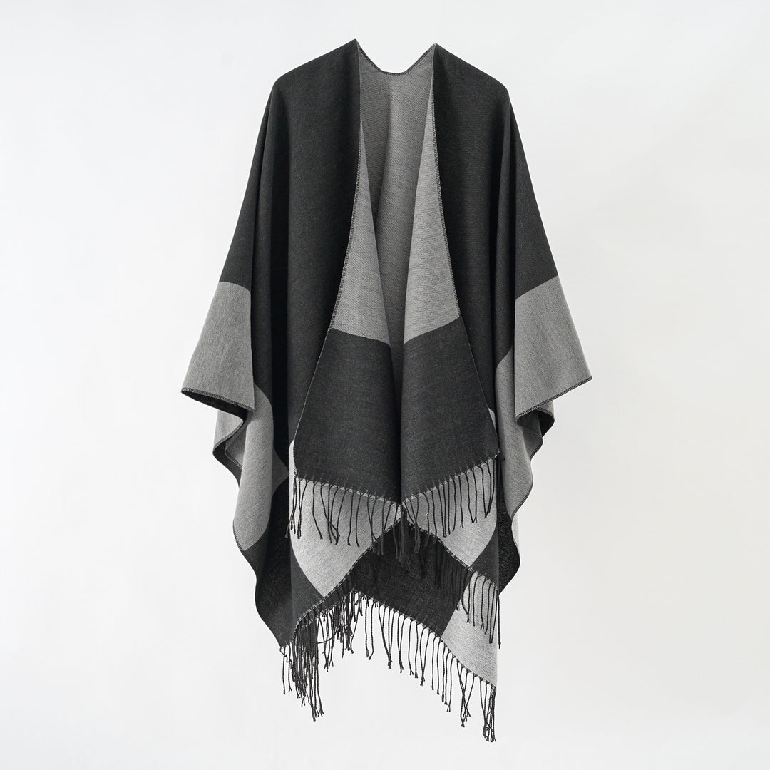 Women's Oversize Ruana made from wool blend with color block design and fringes Mune Fashion