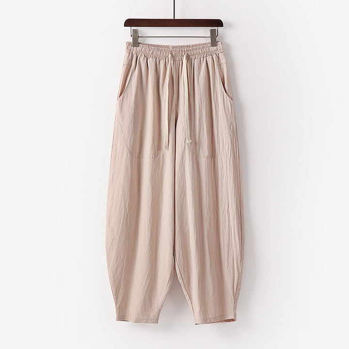 Women's Soft Linen Harem Pants with Elastic Waistband and Drawstring Mune Fashion