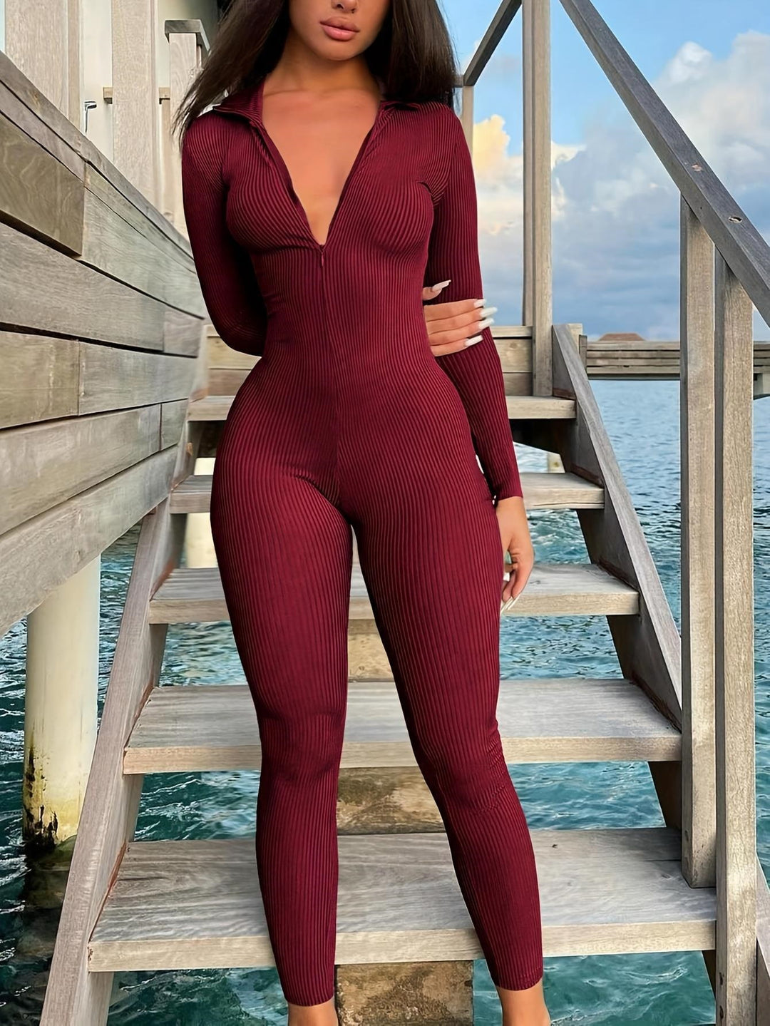 Women's Figure-Hugging Ribbed Knit Jumpsuit with Zipper and Shirt Collar Mune Fashion