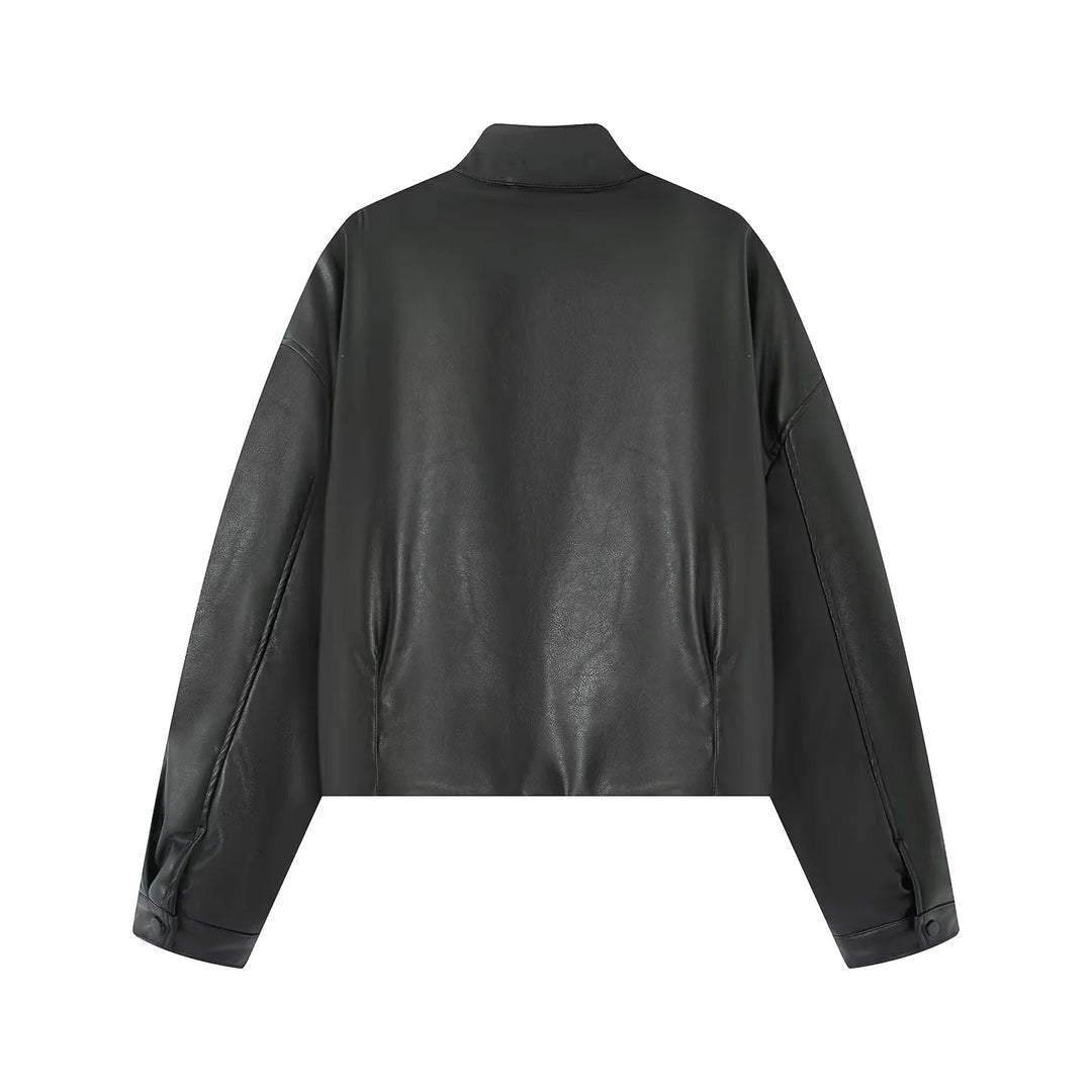 Women's oversized cropped faux leather bomber jacket with stand-up collar and elastic hem Mune Fashion