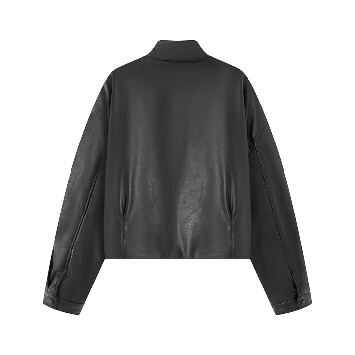 Women's oversized cropped faux leather bomber jacket with stand-up collar and elastic hem Mune Fashion