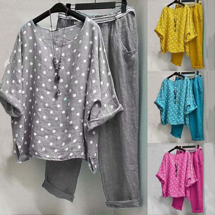 Women's Linen Loungewear Set with Polka Dot Oversized Tunic and Elastic Waist Pants Mune Fashion