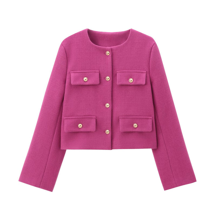 Women's short-cut Bouclé tweed jacket with round neckline decorative button details and attached flap pockets Mune Fashion
