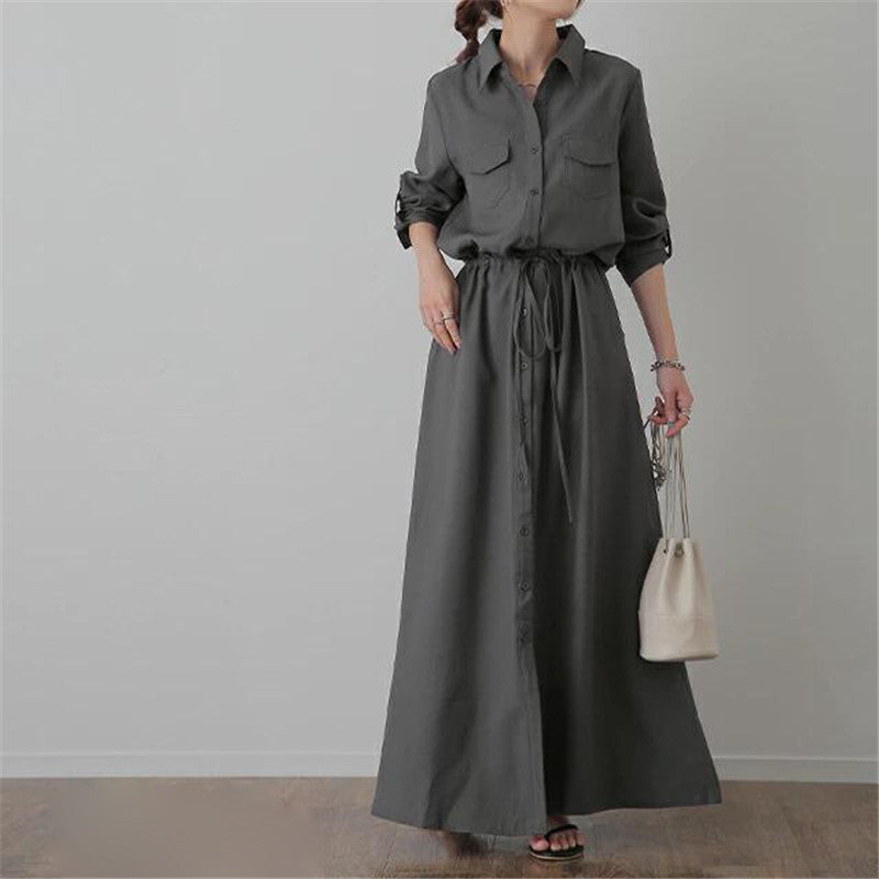 Ladies long shirt dress with drawstring waist and patch chest pockets Mune Fashion