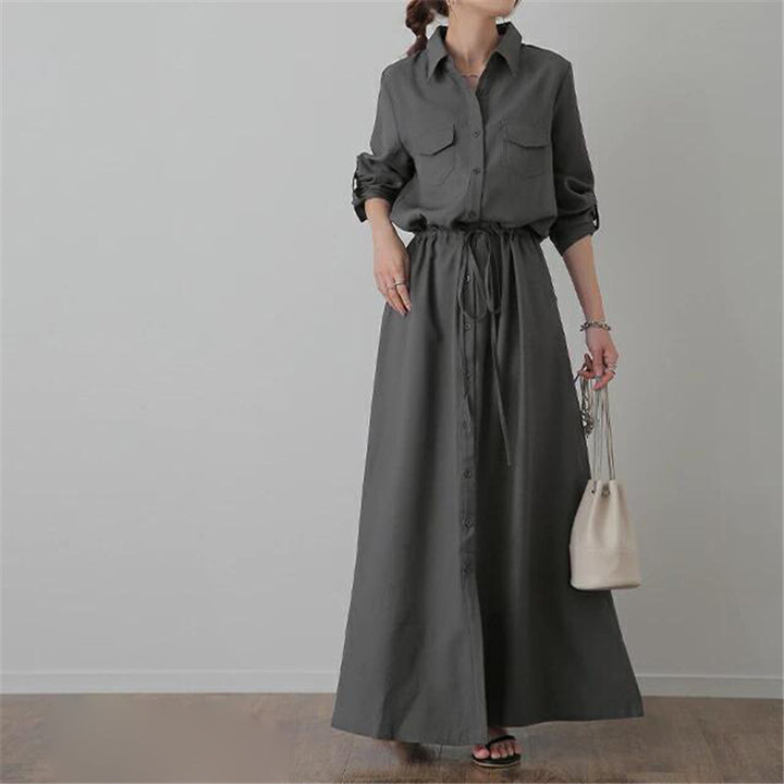 Ladies long shirt dress with drawstring waist and patch chest pockets Mune Fashion