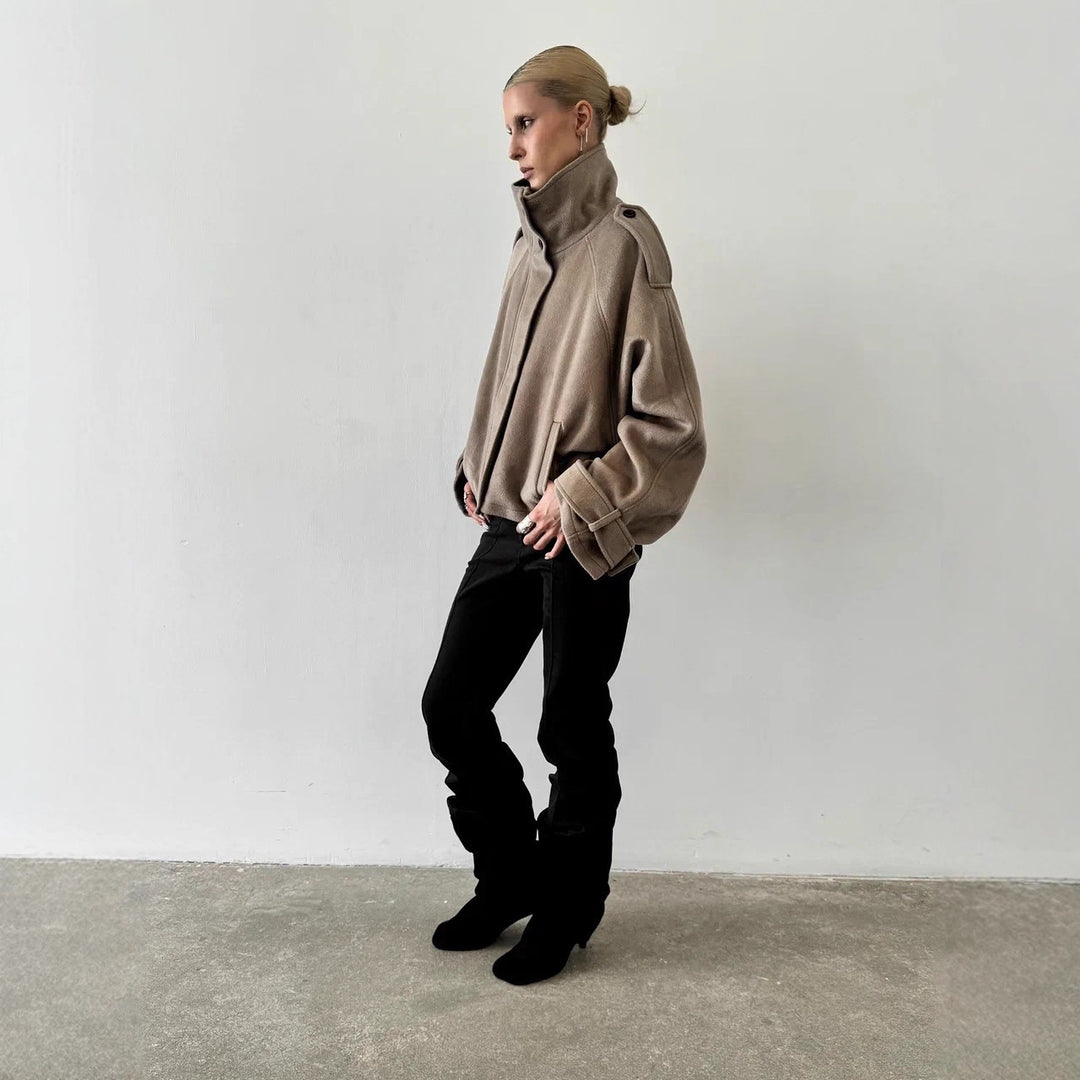 Women's Oversized Wool Cropped Jacket with High Stand-up Collar and Balloon Sleeves Mune Fashion