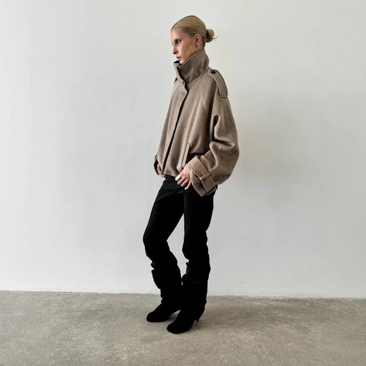 Women's Oversized Wool Cropped Jacket with High Stand-up Collar and Balloon Sleeves Mune Fashion