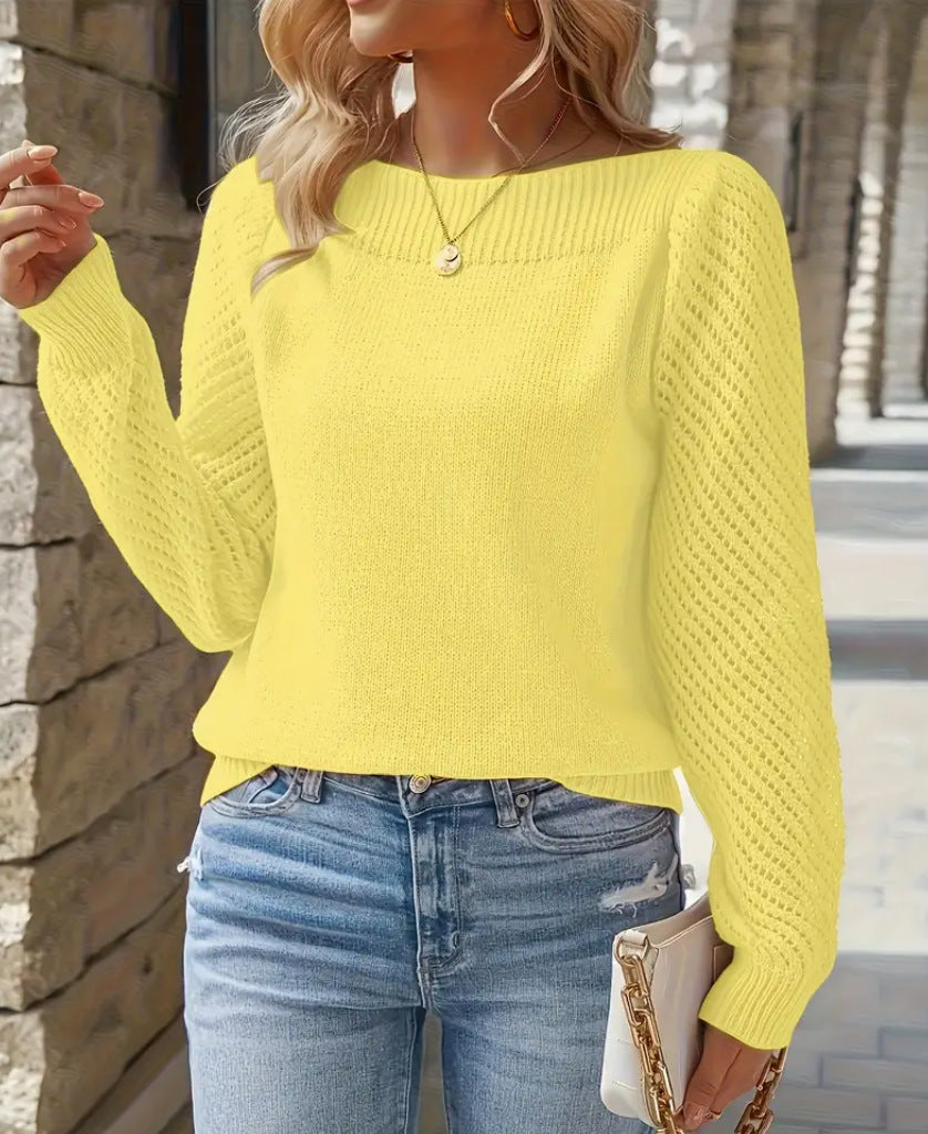 Women's fine knit sweater with ajour puff sleeves and bateau neckline Mune Fashion