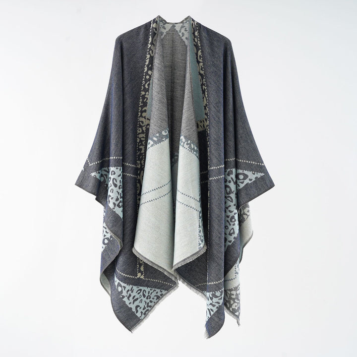 Women's Oversize Cape Throw with Jacquard Woven Patch Motifs and Fringed Hem Mune Fashion