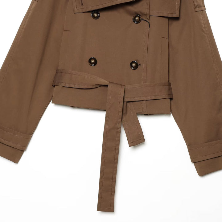 Women's Short Trench Coat in Cropped Cut with Double-Breasted Button Placket and Waist Belt Mune Fashion