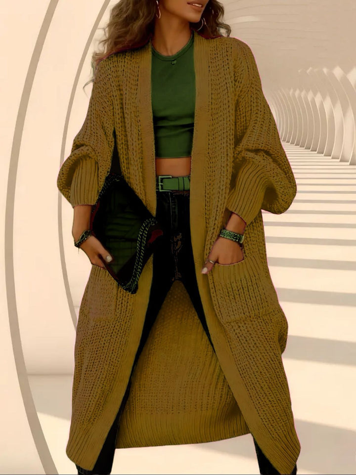 Women Long Open Chunky Knit Coat Cardigan with Braided Structure and Dropped Shoulder Mune Fashion