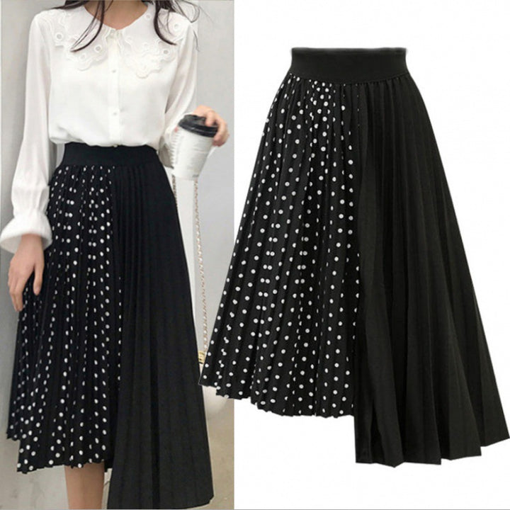 Women Asymmetric Pleated Midi Skirt with Polka Dot Panel and Elastic Waistband Mune Fashion