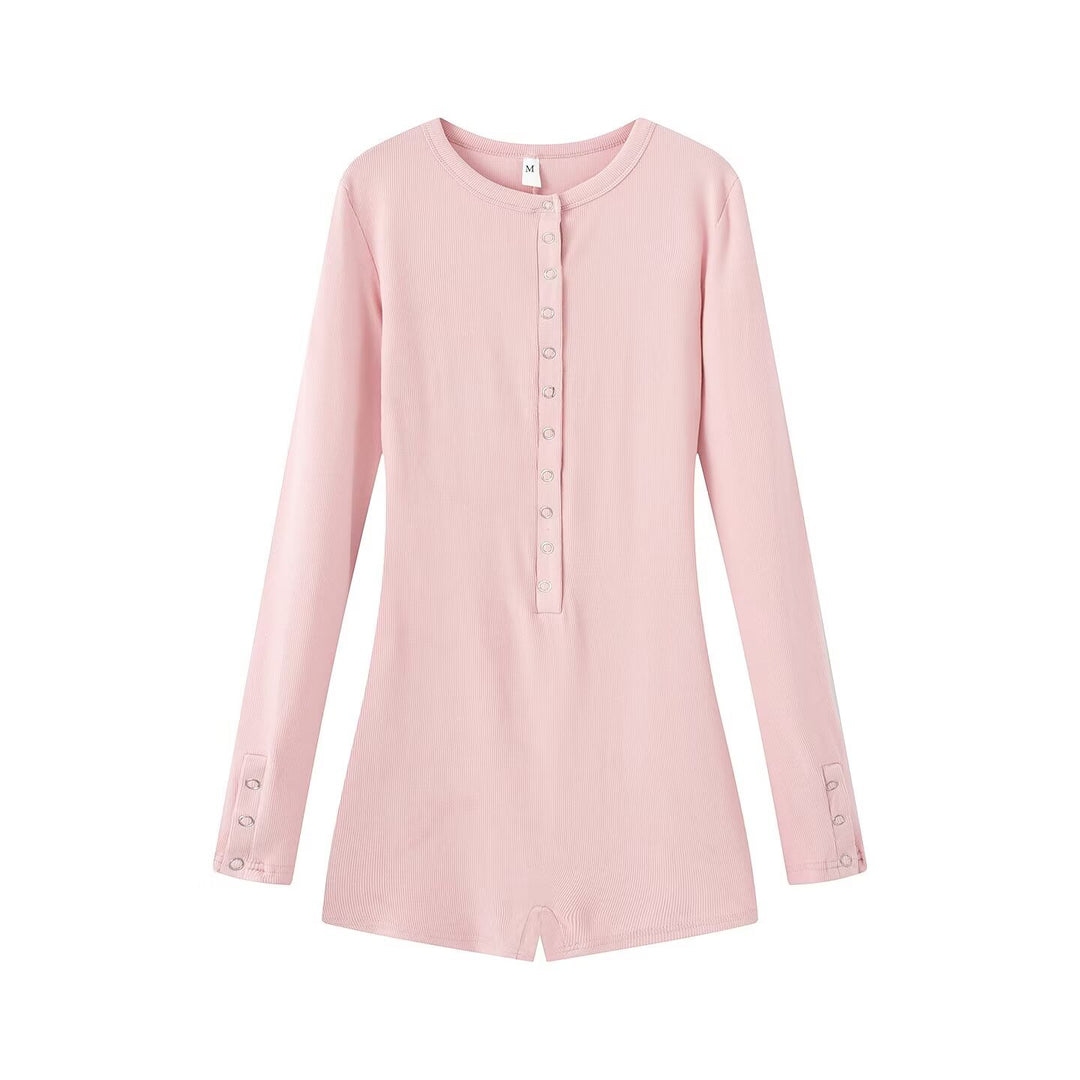 Women's Lightweight Rib Knit Jumpsuit with Henley Button Placket and Snap Button Stepping Mune Fashion