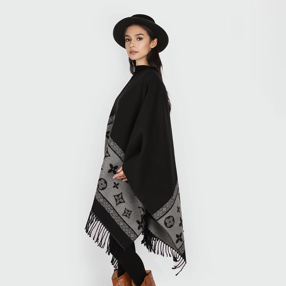 Women's Fringe Cape Poncho in Jacquard Wool Blend with Asymmetrical Pointed Hem Mune Fashion