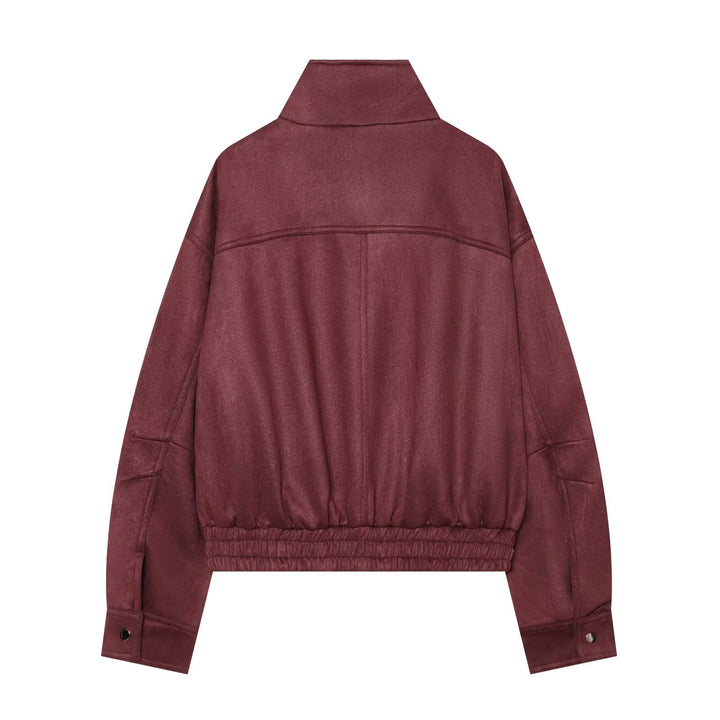 Women Cropped Bomber Jacket made of Velvet Imitation with Stand Collar and Elastic Hem Mune Fashion