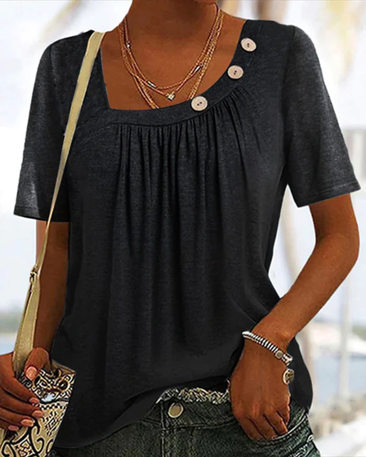 Ladies' lightweight short-sleeve tunic with square neckline, fine gathering, and asymmetric decorative buttons Mune Fashion
