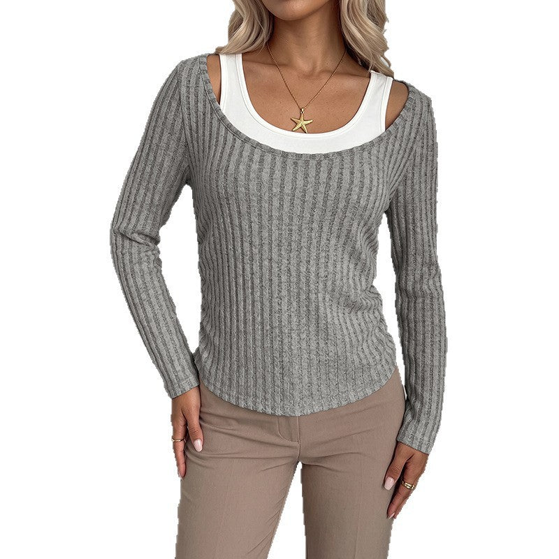Women Ribbed Long Sleeve Shirt with Wide Boat Neck and Fitted Silhouette Mune Fashion