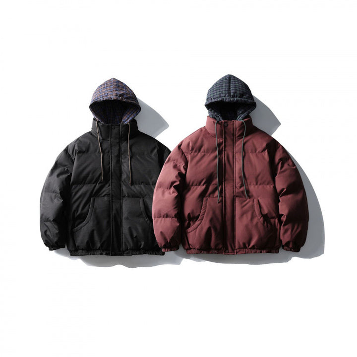 Unisex Padded Puffer Jacket in Boxy Cut with Checkered Insert Hood and High Stand-Up Collar Mune Fashion