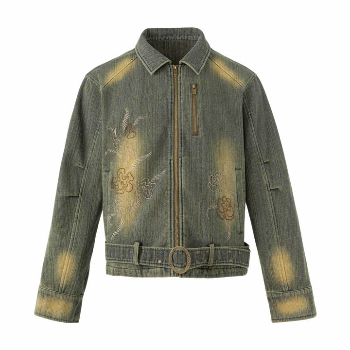 Women's Embroidered Short Denim Blouson Jacket with Waist Belt and Zipper Mune Fashion