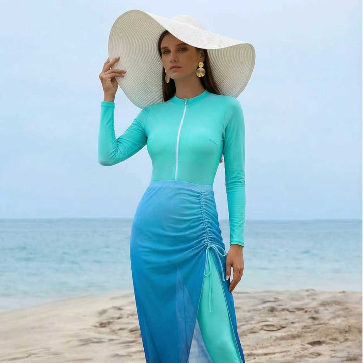 Ladies stylish long sleeve swimsuit with asymmetric skirt Mune Fashion