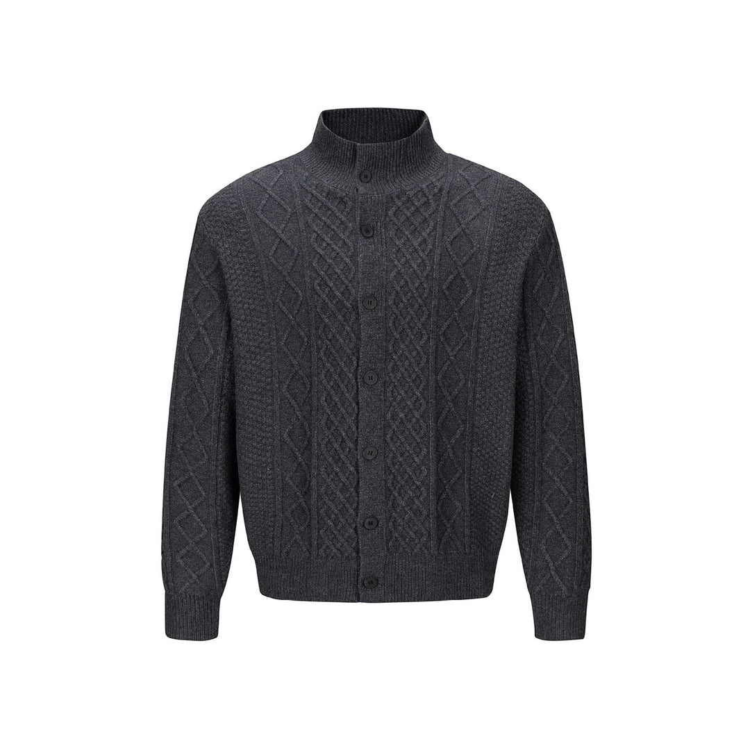 Men's knitted cardigan with cable pattern, standing collar and buttoned front Mune Fashion