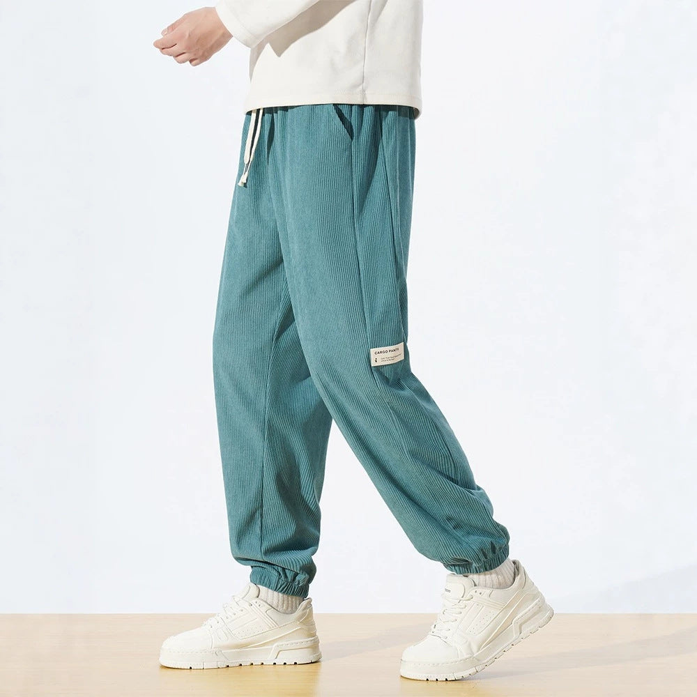 Men's Relaxed-Fit Cord Jogging Pants with Drawstring, Elastic Ankle Cuffs & Cargo Detail Mune Fashion