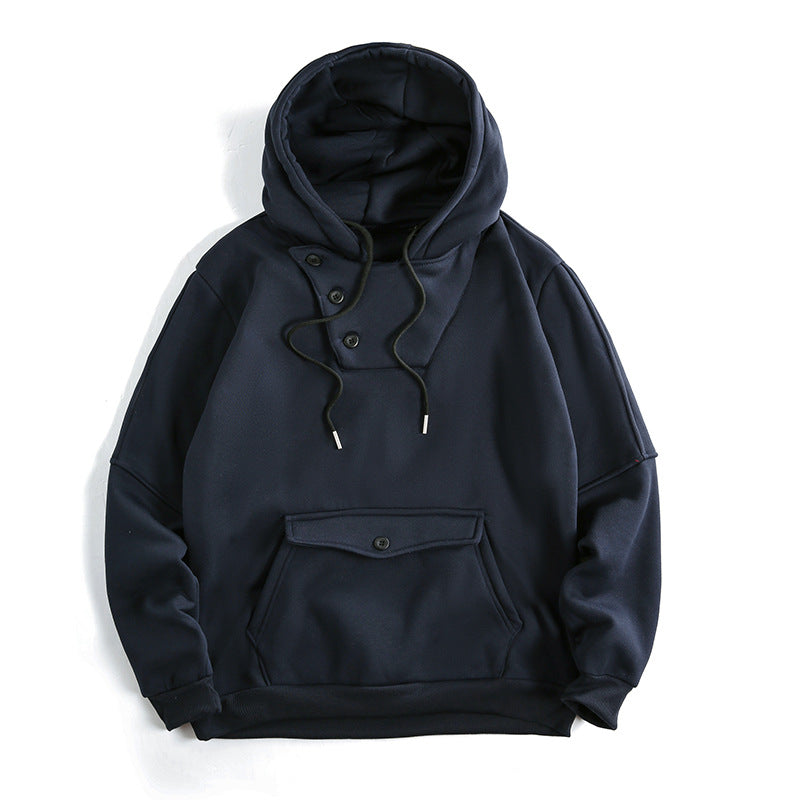 Men's Oversized Cotton Fleece Hoodie with Asymmetric Button Placket and Patch Kangaroo Pocket Mune Fashion