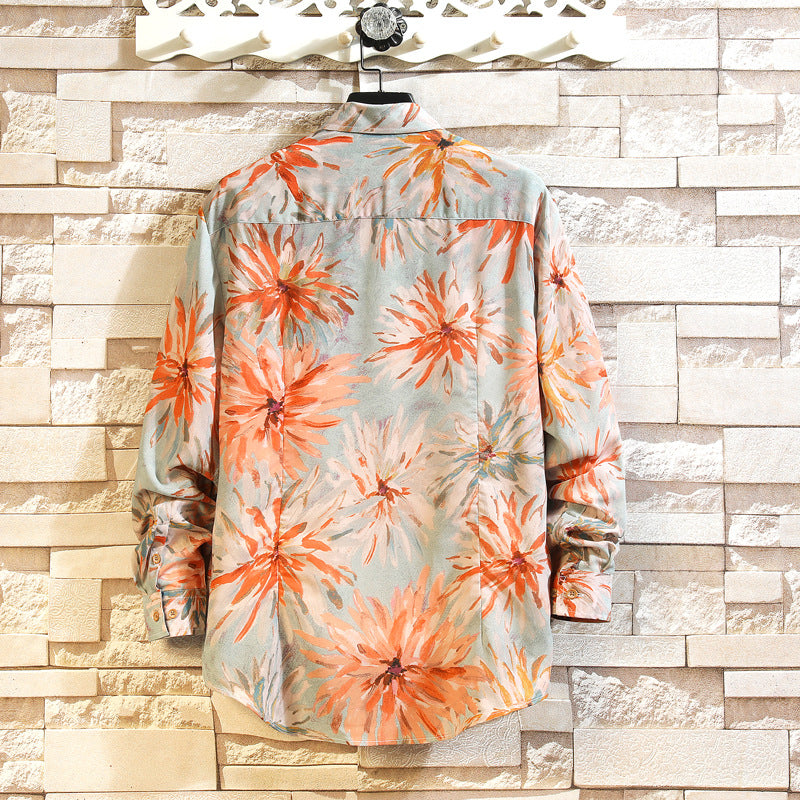 Men's Loose Linen Shirt with Large Floral Print and Shirt Collar Mune Fashion