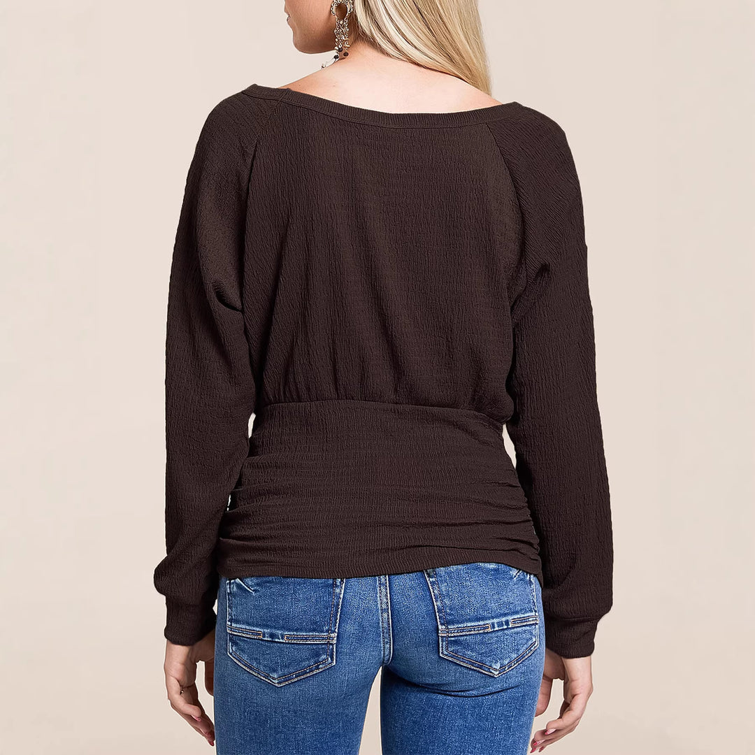 Women's fine knit sweater with wide boat neckline, sleeve button detail and fitted smock shape Mune Fashion