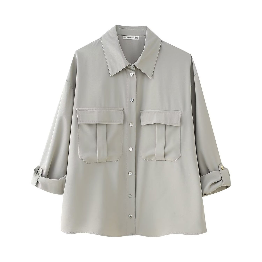 Women Two-Piece Set with Oversized Shirt, Patch Pockets and Loose Elastic Waist Pants Mune Fashion