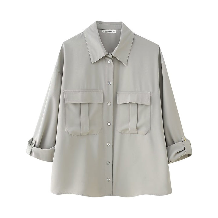 Women Two-Piece Set with Oversized Shirt, Patch Pockets and Loose Elastic Waist Pants Mune Fashion
