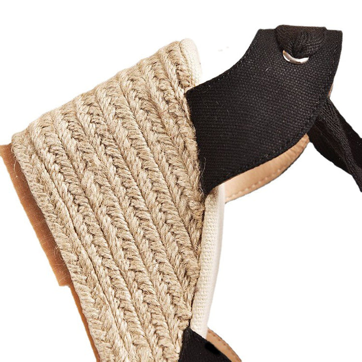 Women nan Textil-espadrille with jute wedge, bow strap ankle strap and crocheted toe cap Mune Fashion