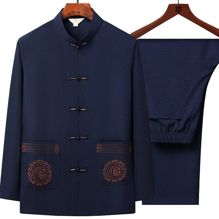 Men's traditional Tang suit set with stand collar, knot closures, and subtle embroidery details Mune Fashion