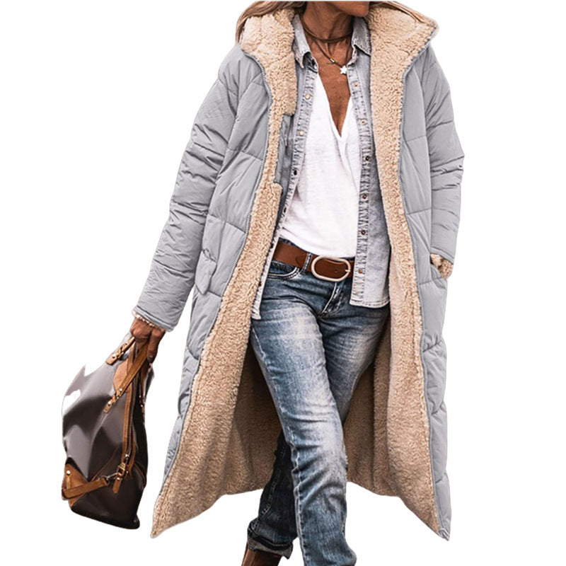 Women's Longer Quilted Coat with Teddy Lining, Hood and Side Pockets Mune Fashion