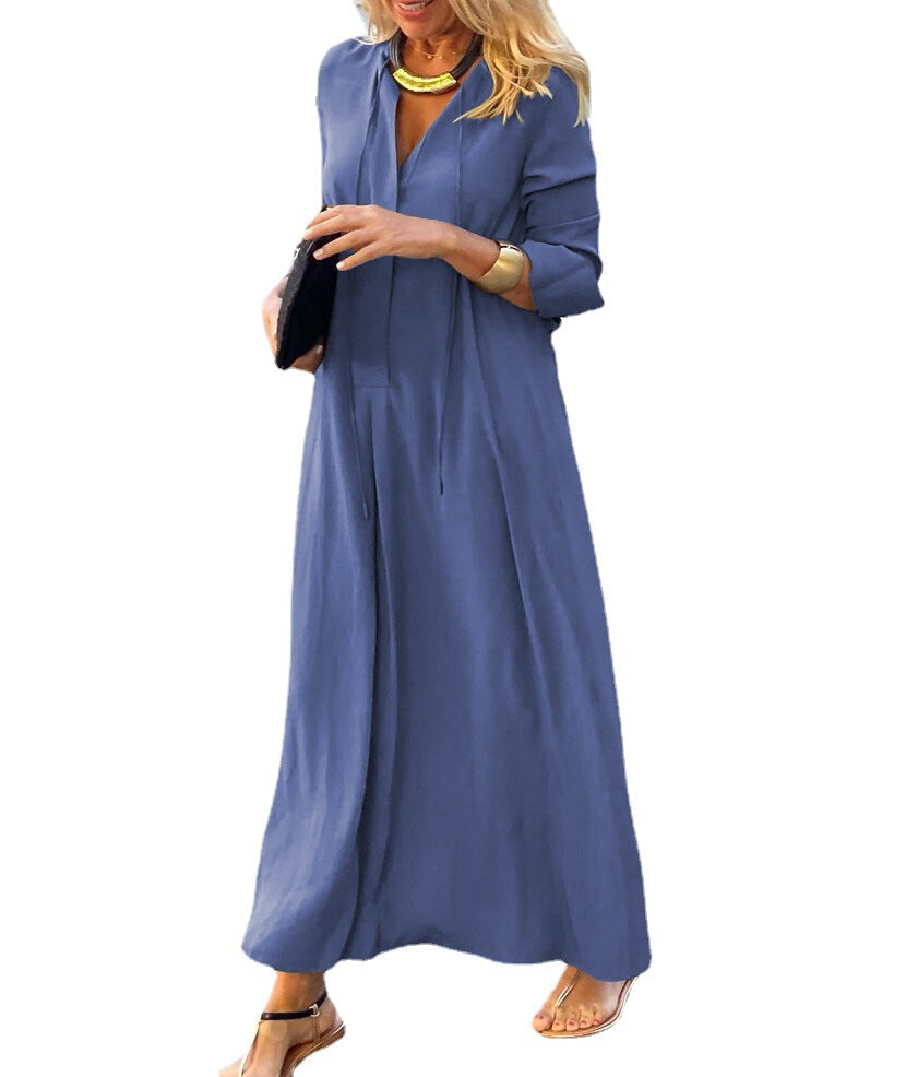 Ladies Maxi Dress with V-Neck, Long Sleeve, Loose A-Line Silhouette and Drawstring Mune Fashion