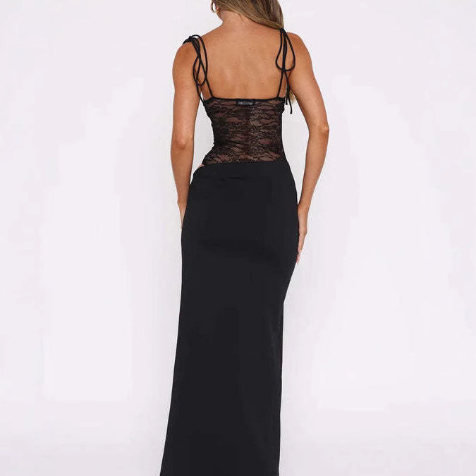 Women’s elegant max dress with transparent lace bodice, bandeau top, and tie straps Mune Fashion
