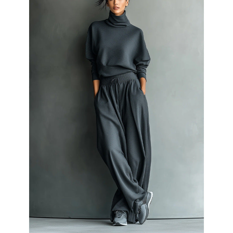 Women's Turtleneck Loungewear Set with Oversize Top and Wide Elastic Waist Pants Mune Fashion