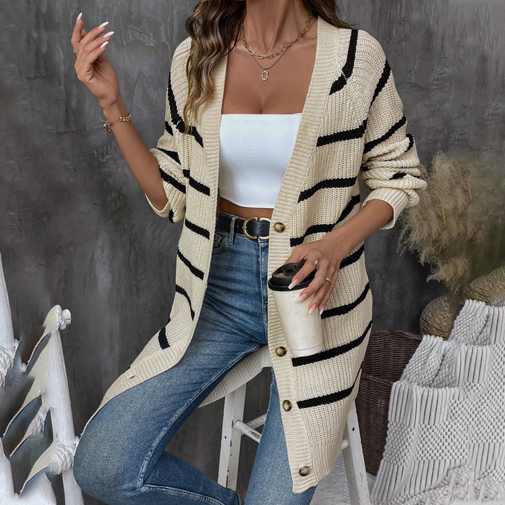 Women Casual Striped Knit Cardigan Mune Fashion