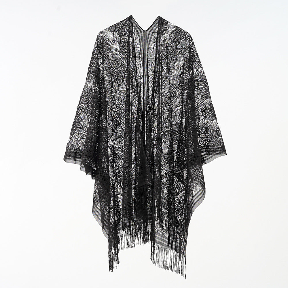 Women's Floral Lace Kimono-Style Kaftan Throw with Long Fringe Mune Fashion