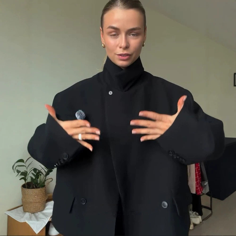 Women Asymmetric Cropped Boxy Jacket with High Stand Collar and Structured Shoulder Area Mune Fashion