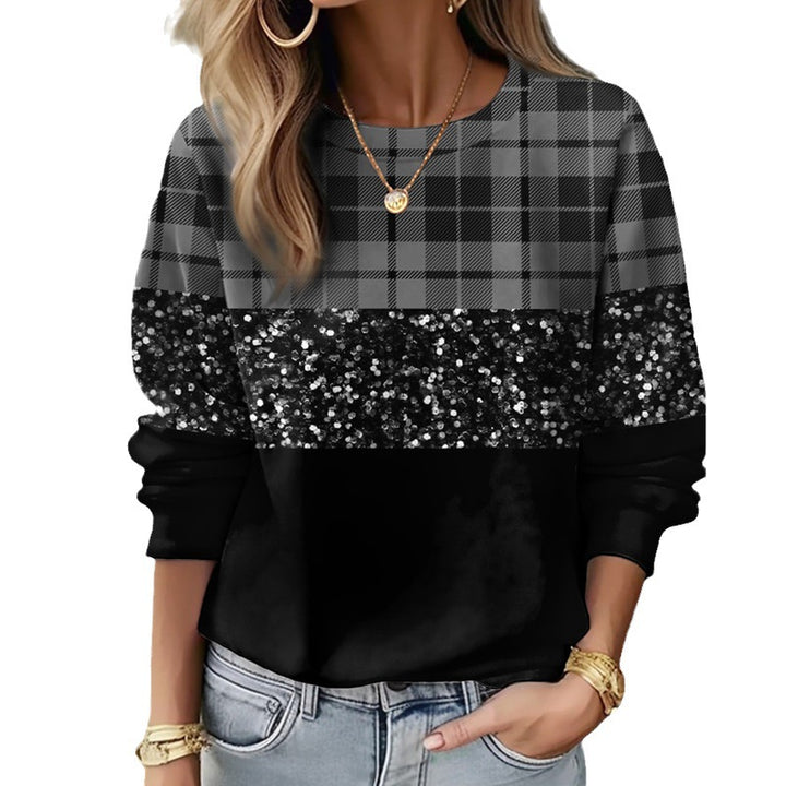 Women's sweatshirt with check pattern, sequined band and loose hem Mune Fashion