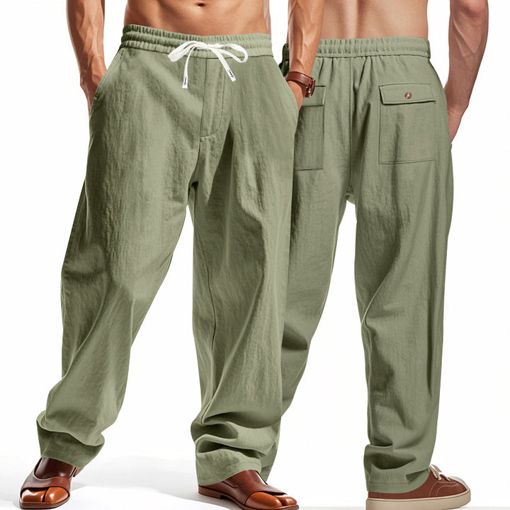 Men's wide comfort trousers in linen blend with elastic drawstring, straight leg, and patch back pockets Mune Fashion