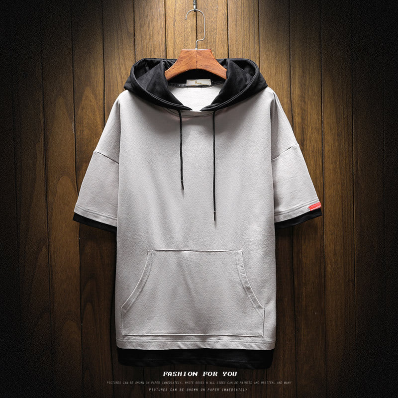 Men's short-sleeved hoodie T-shirt with kangaroo pocket and layered look Mune Fashion