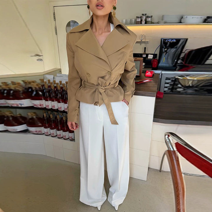 Women Tailored Trench Set with Peplum, Tied Belt & Pencil Skirt Mune Fashion