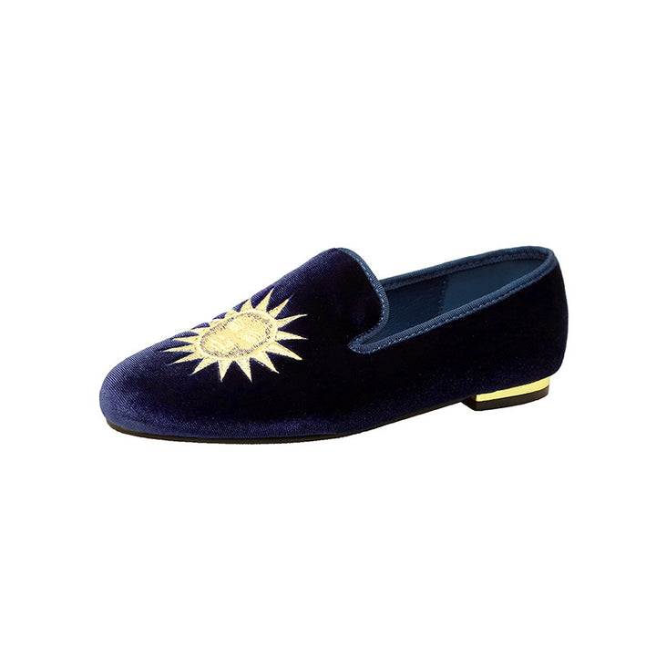 Ladies Velvet Slippers with Sun Embroidery and Gold Heel Cap Mune Fashion