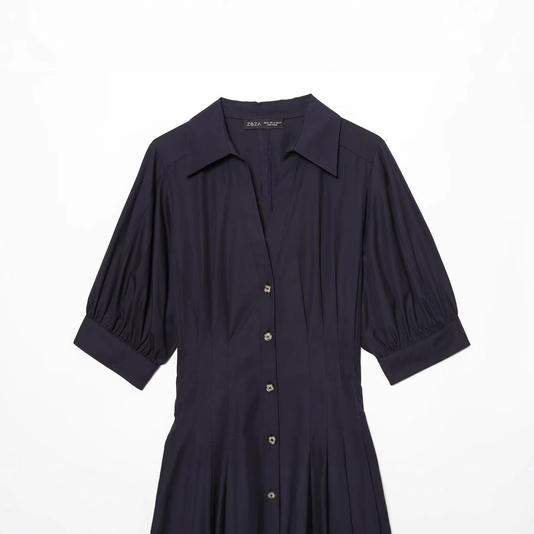 Women's shirt dress with fitted silhouette, puff sleeves, and full button placket Mune Fashion