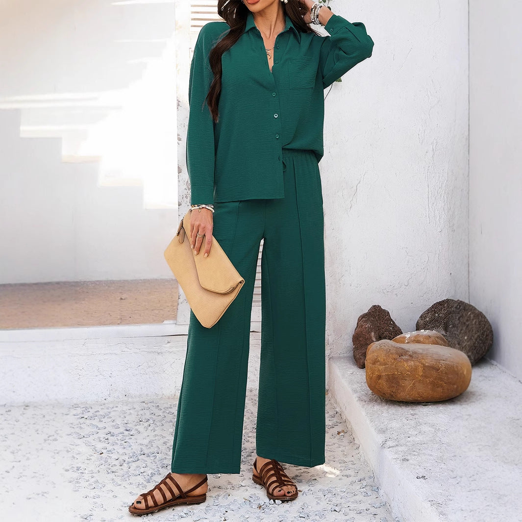 Women’s casual shirt and palazzo set with elastic drawstring waistband, chest pocket, and textured crinkle quality Mune Fashion